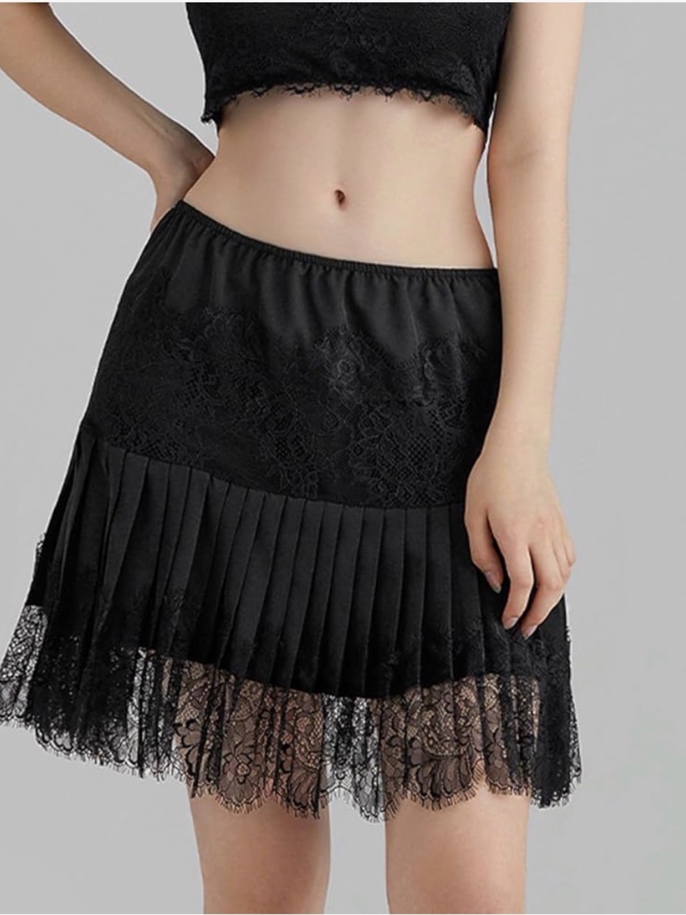 Black Lace Pleated Mini Skirt - Women's
